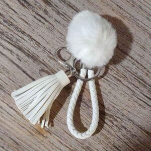 Nwot White Tassel Braided Pom Pom Key Chain Faux Leather